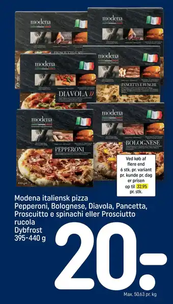 Modena italiensk pizza pepperoni, bolognese, diavola, pancetta, proscuitto e spinachi eller prosciutto rucola dybfrost