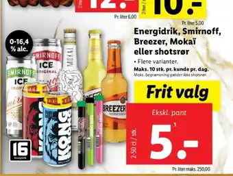 Lidl Energidrik Smirnoff Breezer Mokaï eller shotsrør tilbud
