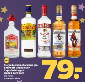 Netto Sierra tequila, gordons gin, smirnoff vodka eller captain morgan spiced dark rom tilbud