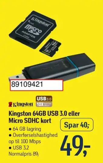 Føtex Kingston 64GB USB 3.0 eller Micro SDHC kort tilbud