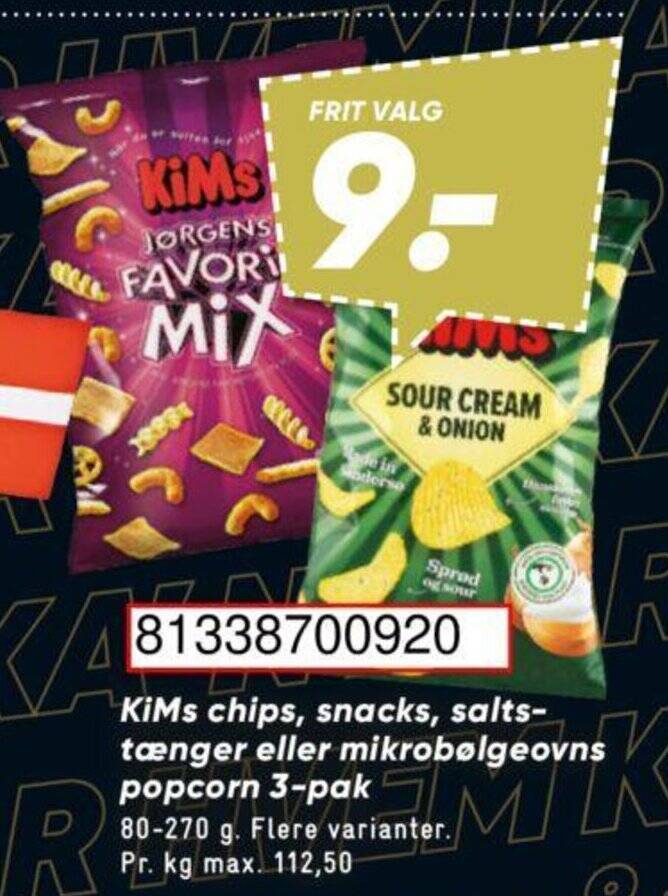 KiMs chips, snacks, saltstænger eller mikrobølgeovns popcorn 3pak