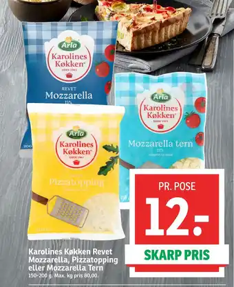SPAR Karolines køkken revet mozzarella, pizzatopping eller mozzarella tern tilbud