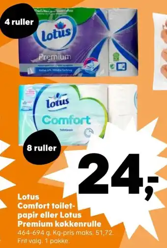 Kvickly Lotus Comfort toilet-papir eller Lotus Premium køkkenrulle tilbud