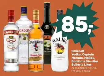 Kvickly Smirnoff Vodka, Captain Morgan, Malibu, Gordon's Gin eller Bailey's Likør tilbud