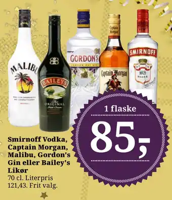 Dagli'Brugsen Smirnoff vodka, captain morgan, malibu, gordon's gin eller bailey's likør tilbud