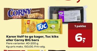 Karen Volf to go kager, Tuc kiks eller Corny BIG bars