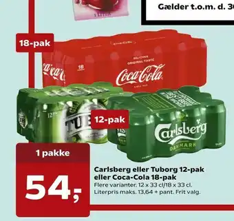Dagli'Brugsen Carlsberg eller Tuborg 12-pak eller Coca-Cola 18-pak tilbud