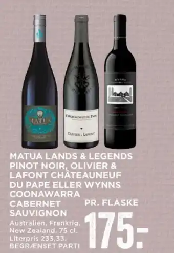 MENY MATUA LANDS & LEGENDS PINOT NOIR, OLIVIER & LAFONT CHATEAUNEUF DU PAPE ELLER WYNNS COONAWARRA CABERNET SAUVIGNON tilbud