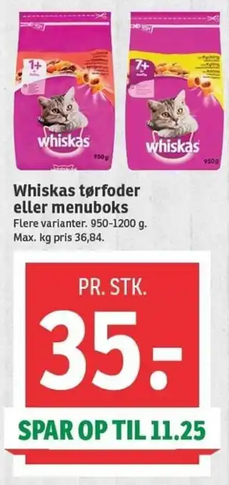 SPAR Whiskas Tørfoder Eller Menubooks 950-1200g tilbud