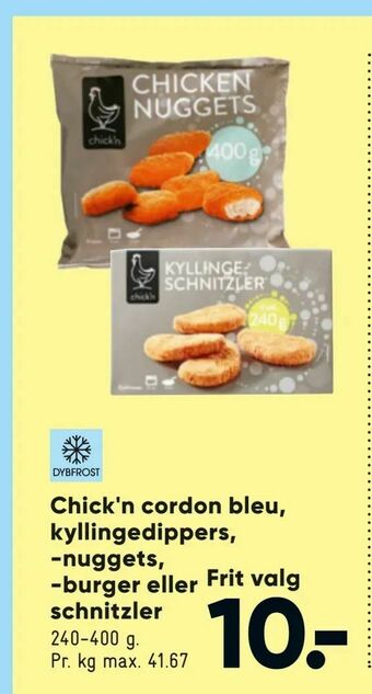 Bilka Chick'n cordon bleu, kyllingedippers, -nuggets, -burger eller schnitzler tilbud