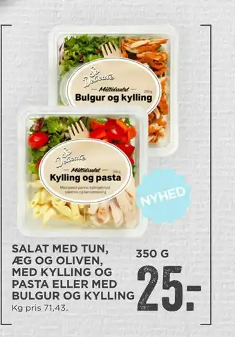Salat med tun, æg og oliven, med kylling og pasta eller med bulgur og kylling