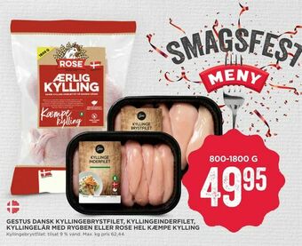 MENY Gestus dansk kyllingebrystfilet, kyllingeinderfilet, kyllingelår med rygben eller rose hel kæmpe kylling tilbud