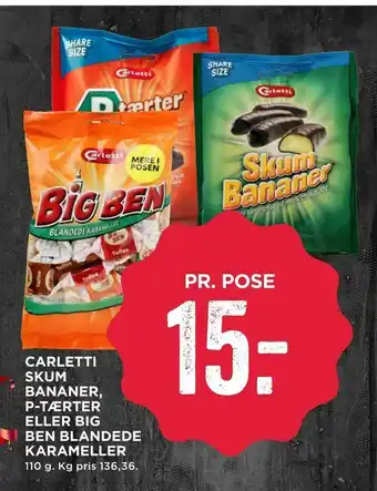 MENY Carletti skum bananer, p-tærter eller big ben blandede karameller tilbud