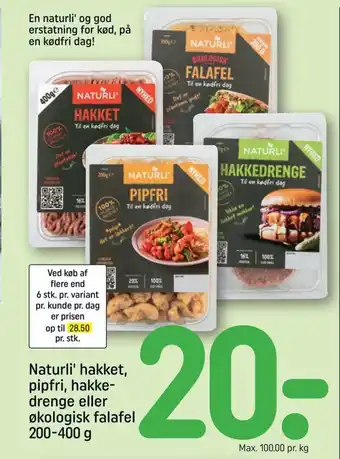 REMA 1000 Naturli' hakket, pipfri, hakke-drenge eller økologisk falafel 200-400 g tilbud