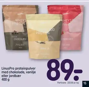 REMA 1000 LinusPro proteinpulver med chokolade, vanilje eller jordbær tilbud