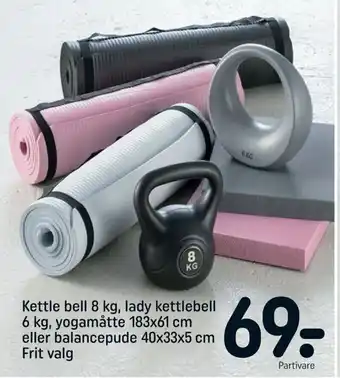 Kettle bell 8 kg, lady kettlebell 6 kg, yogamåtte