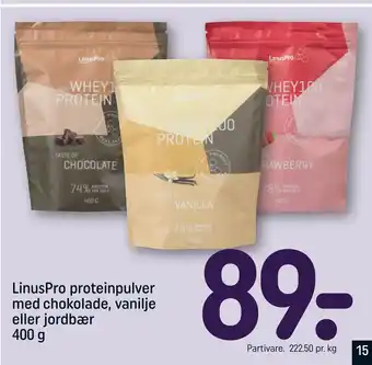 REMA 1000 Linuspro proteinpulver med chokolade, vanilje eller jordbær tilbud