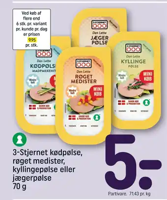 REMA 1000 3-stjernet kødpølse, røget medister, kyllingepølse eller jægerpølse tilbud