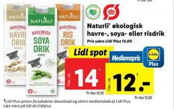 Lidl Naturli' økologisk havre-, soya- eller risdrik tilbud