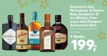 Hendrick's Gin, Matusalem 15 Solera Rom, Singleton 12 års Whisky, Coin-treau eller Pampero Aniversario Rom