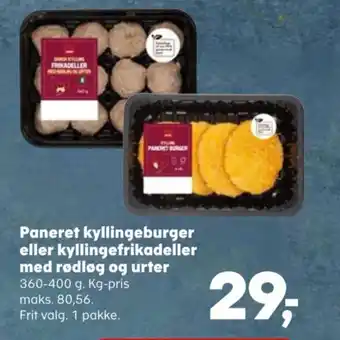 Paneret kyllingeburger eller kyllingefrikadeller med rødløg og urter