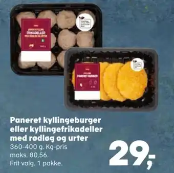Paneret kyllingeburger eller kyllingefrikadeller med rødløg og urter