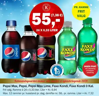 Købmandsgården Pepsi max, pepsi, pepsi max lime, faxe kondi, faxe kondi 0 kal tilbud