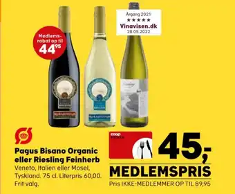 SuperBrugsen Pagus Bisano Organic eller Riesling Feinherb tilbud