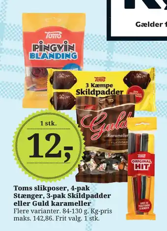 Dagli'Brugsen Toms slikposer, 4-pak stænger, 3-pak skildpadder eller guld karameller tilbud