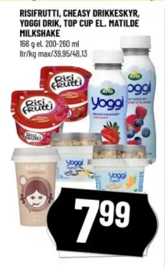 Løvbjerg RISIFRUTTI, CHEASY DRIKKESKYR, YOGGI DRIK, TOP CUP EL. MATILDE MILKSHAKE tilbud