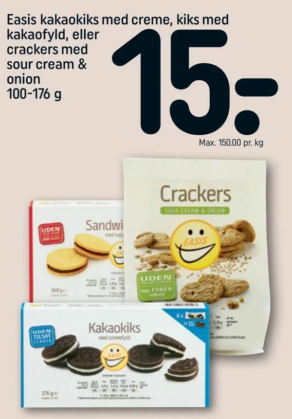 Easis kakaokiks med creme, kiks med kakaofyld, eller crackers med sour