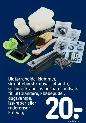 REMA 1000 Uldtørrebolde, klemmer, skrubbebørste, opvaskebørste, silikoneskraber, vandsparer, indsats til luftblandere, klæbepuder, dugs tilbud