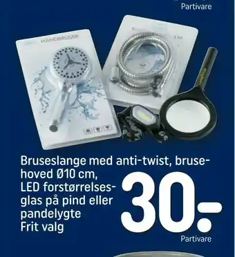 REMA 1000 Bruseslange med anti-twist, brusehoved Ø10 cm, LED forstørrelsesglas på pind eller pandelygte tilbud