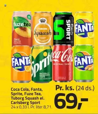 Fleggaard Coca Cola, Fanta, Sprite, Fuze Tea, Tuborg Squash el. Carlsberg Sport tilbud