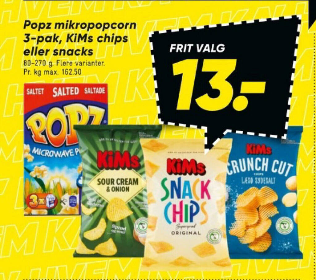 Popz mikropopcorn 3pak, KiMs chips eller snacks tilbud hos Bilka