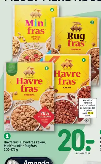 REMA 1000 Havrefras, havrefras kakao, minifras eller rugfras 300-375 g tilbud