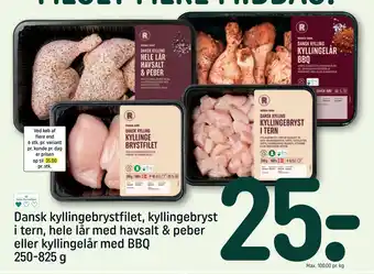 REMA 1000 Dansk kyllingebrystfilet, kyllingebryst i tern, hele lår med havsalt & peber eller kyllingelår med bbq 250-825 g tilbud
