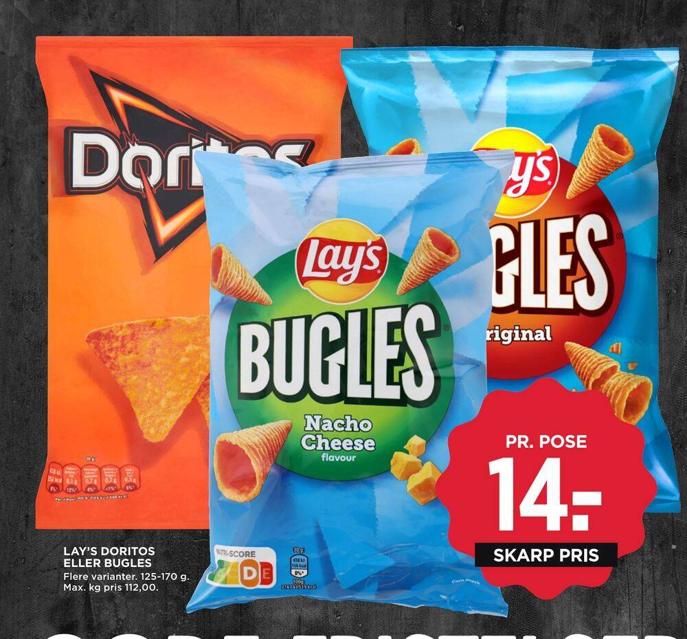 Lay’s doritos eller bugles tilbud hos MENY