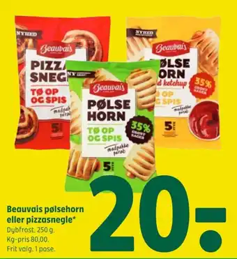Coop 365 Beauvais pølsehorn eller pizzasnegle* Dybfrost. 250 g. Kg-pris 80,00. Frit valg. 1 pose. tilbud