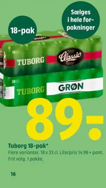 Coop 365 Tuborg 18-pak* Flere varianter. 18 x 33 cl. Literpris 14,98 + pant. Frit valg. 1 pakke. tilbud