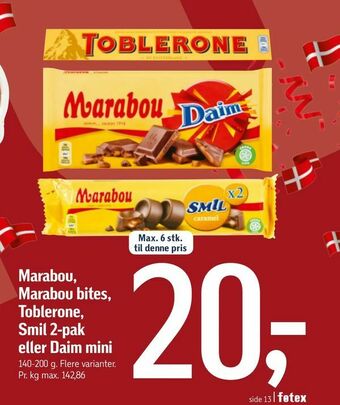 Føtex Marabou, Marabou bites, Toblerone, Smil 2-pak eller Daim mini tilbud