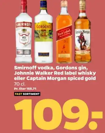 Netto Smirnoff vodka, Gordons gin, Johnnie Walker Red label whisky eller Captain Morgan spiced gold 70 cl. tilbud