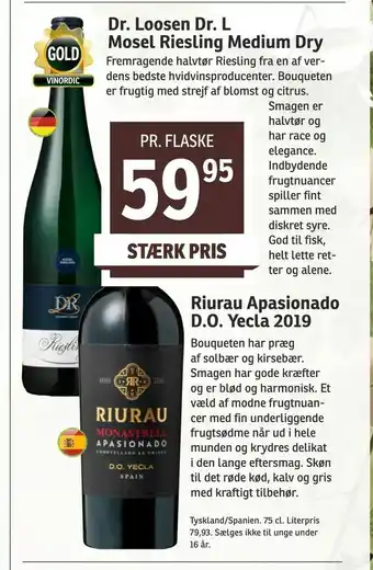 SPAR Dr. Loosen Dr. L Mosel Riesling Medium Dry, Riurau Apasionado D.O. Yecla 2019 tilbud