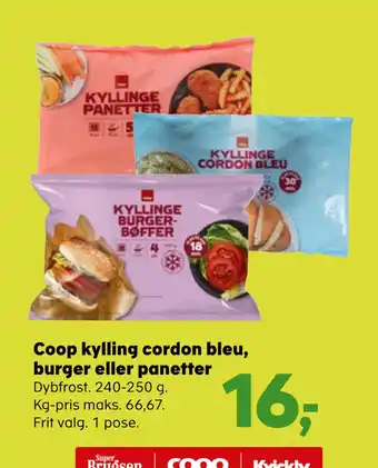 Kvickly Coop kylling cordon bleu, burger eller panetter tilbud