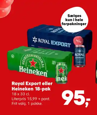 Kvickly Royal export eller heineken 18-pak tilbud