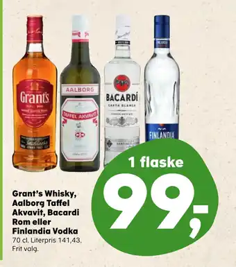 SuperBrugsen Grant’s whisky, aalborg taffel akvavit, bacardi rom eller finlandia vodka tilbud