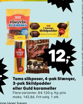 SuperBrugsen Toms slikposer, 4-pak stænger, 3-pak skildpadder eller guld karameller tilbud