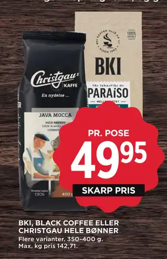 MENY Bki, black coffee eller christgau hele bønner tilbud