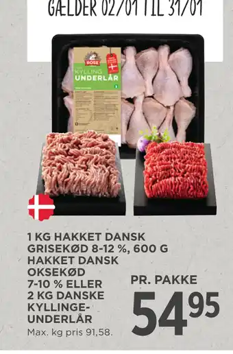 MENY 1 kg hakket dansk grisekød 8-12 %, 600 g hakket dansk oksekød 7-10 % eller 2 kg danske kyllingeunderlår tilbud