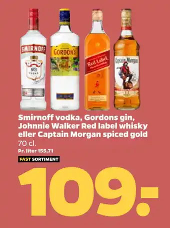 Netto Smirnoff vodka, gordons gin, johnnie walker red label whisky eller captain morgan spiced gold tilbud